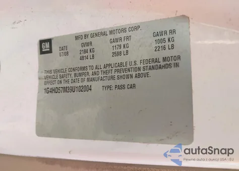 2009 Buick Lucerne Cxl-4 z USA, uszkodzony, nr VIN 1G4HD57M39U102004